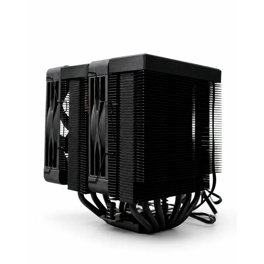 Cooler ORY-B1000 PRO de lado, com as duas torres de aletas e os heatpipes pretos saindo da base