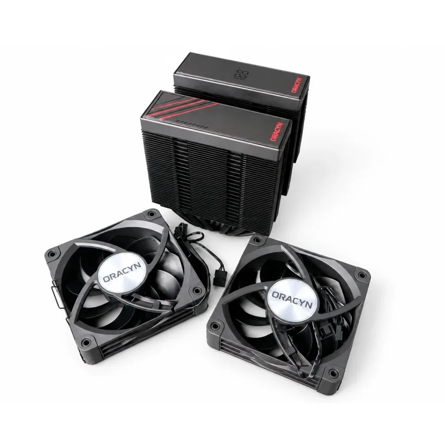As duas torres do ORY-B1000 PRO ao lado das duas ventoinhas de 120 mm com o logo Oracyn