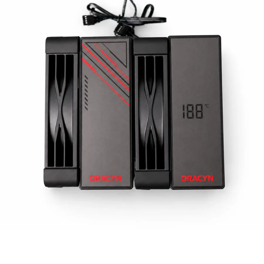 ORY-B1000 PRO visto de cima: duas ventoinhas, tampa com detalhes vermelhos e display de temperatura