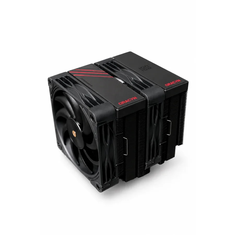 ORY-B1000 PRO em ângulo, com as ventoinhas montadas e o display de temperatura no topo