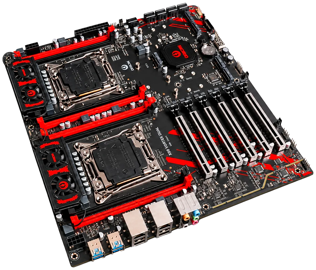 Placa-mãe Oracyn X99 Dual Vortex Plus (OMB-X99VD) em ângulo, com dois soquetes LGA 2011-3 e oito slots DDR4