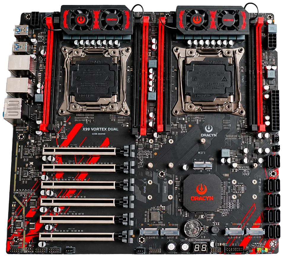Placa-mãe Oracyn X99 Dual Vortex Plus (OMB-X99VD) vista de cima, com dois soquetes LGA 2011-3